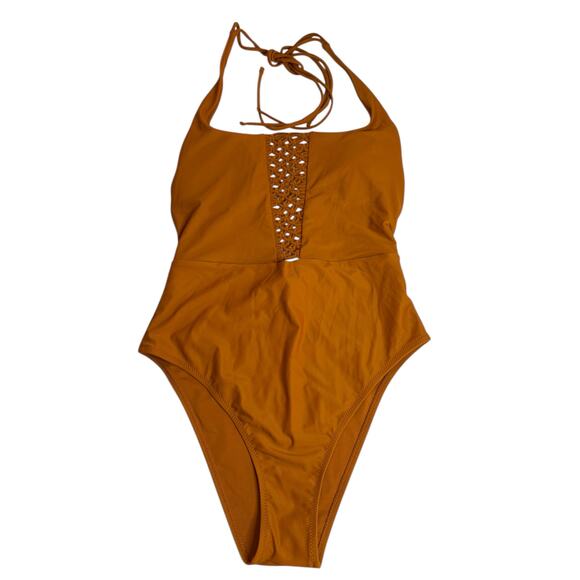 Aerie One-Piece Swimsuit Size M – Rust Orange Crochet Front Halter - Picture 2 of 7
